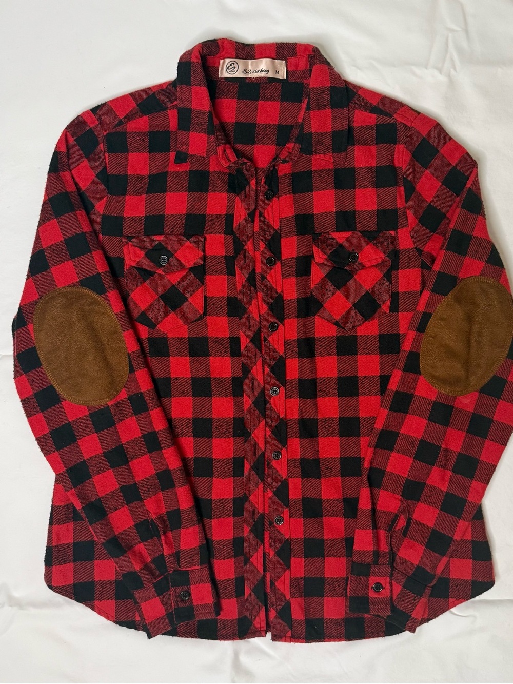 Vintage-Inspired Red Buffalo Plaid Medium-Weight Flannel Shirt w/Elbow Patches